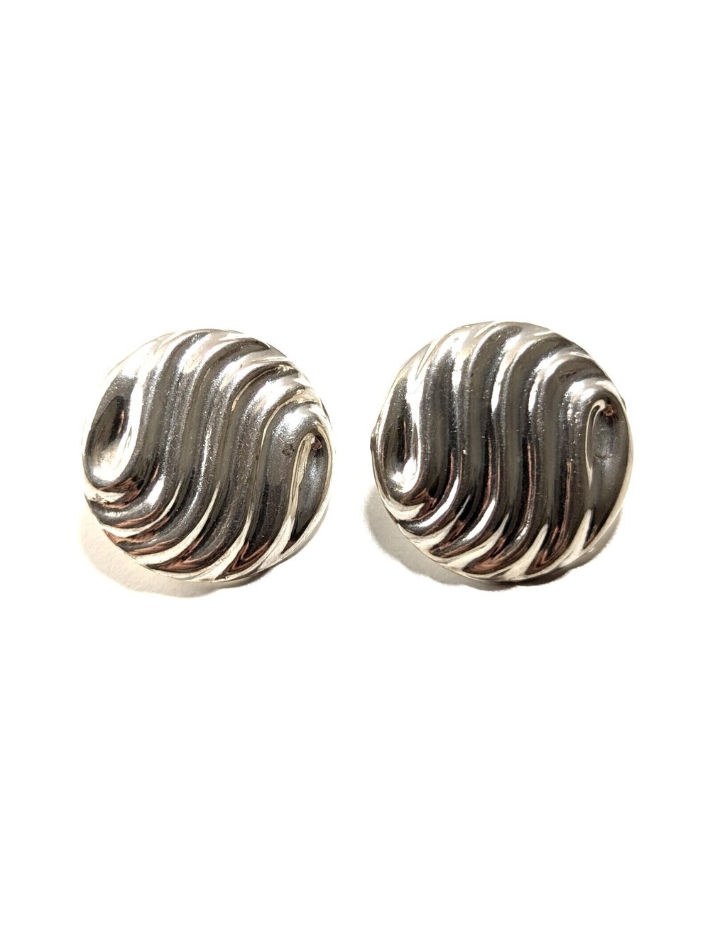 Sterling Silver 925 Stud Post Earrings, Contemporary Wavy Design Coin Shape 2.6g